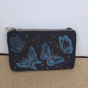 Brighton Denim Cosmetic Bag Rhinestone Butterfly Zip Pouch travel gift toiletry